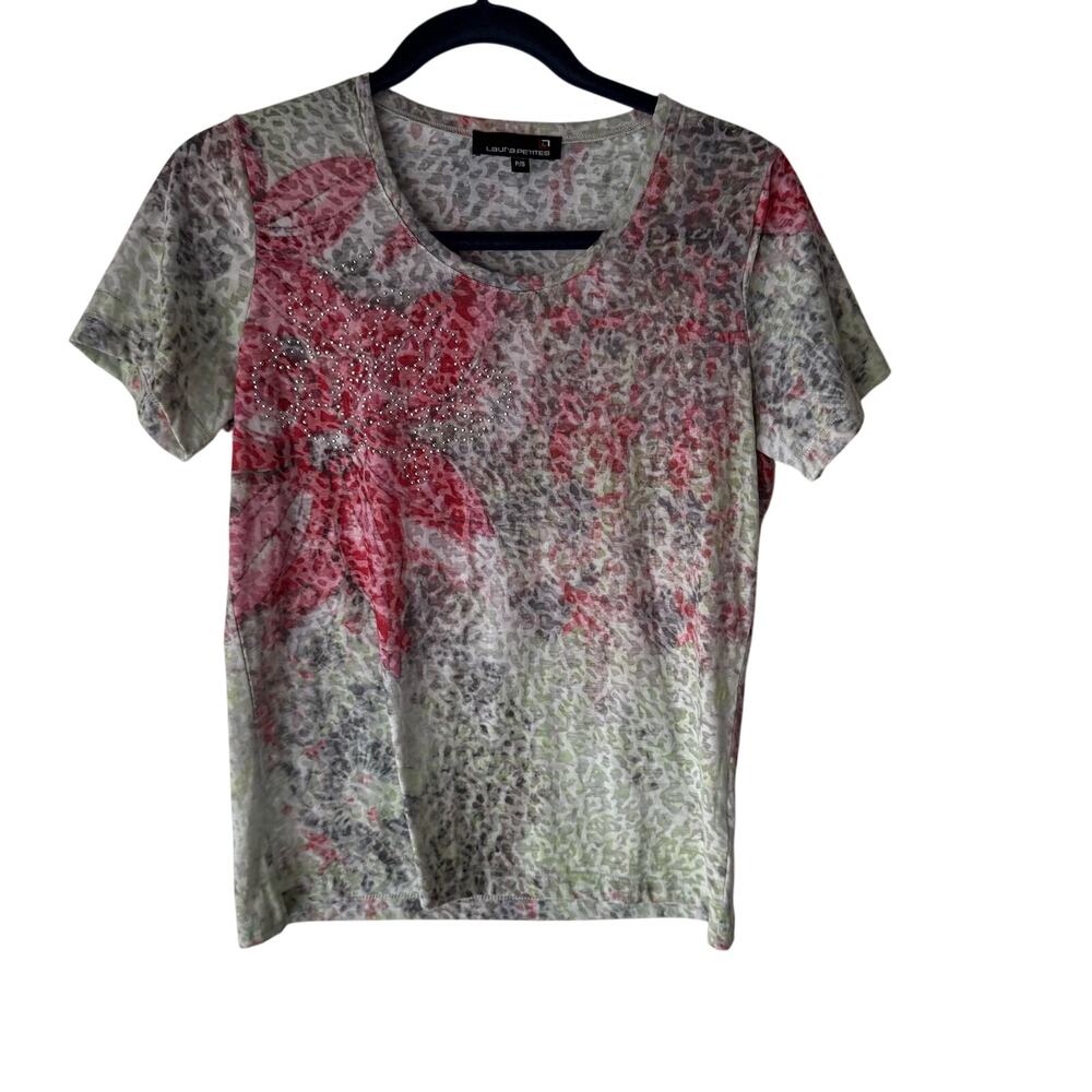 Laura Petites Y2k Small Floral Water Colored Rhinestone Short Slv Semi Sheer Top